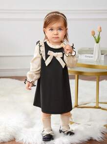 SHEIN Đứa bé gái Hai âm Nơ mặt trước Viền Ruffle tay áo lá sen Đầm - màu đen - Xem 4