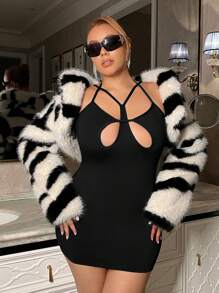 SHEIN ICON 凸顯前面空心蕾絲露背緊身裙 - 黑色 - 查看 1