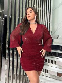 SHEIN Privé Plus sukienka typu bodycon z dekoltem typu serplice i rękawami typu lantern, marszczona, z brokatem, na Święto Dziękczynienia