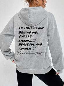 SHEIN EZwear Letter Print Hooded Women's Sweatshirt With Back Design - Grey - View 3