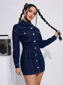 SHEIN EZwear Flap Pocket Buttoned Denim Dress - Dark Wash - View 6