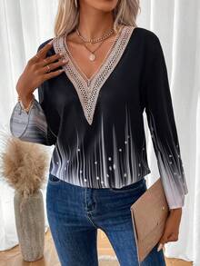 EMERY ROSE 圖案印花水溶蕾絲拼接荷葉袖襯衫 - 彩色 - 查看 5