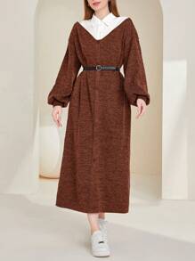 Mulvari Colorblock Lantern Sleeve 2 In 1 Dress Without Belt - Brown - View 1