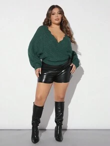SHEIN SXY Plus Size V-Neck Batwing Sleeve Sweater With Scallop Edge Trim Christmas Outfits New Year Eve Outfits - Dark Green - View 4