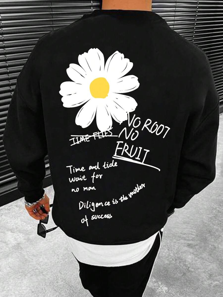 Manfinity Homme 男士宽松口号和花卉印花保暖内衬运动衫圆领黑色图案长袖休闲运动衫，适合朋友、丈夫、男朋友的礼物 - 黑色 - 查看 1