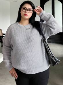 Dazy Petite Plus 纯色插肩袖毛衣，秋装 - 卡其色 - 查看 3