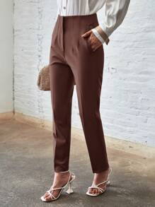 EURMUSE Solid Slant Pocket Seam Front Pants - Brown - View 5
