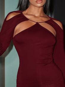 SHEIN BAE 露背無袖緊身連體裙 - 酒紅色 - 查看 5