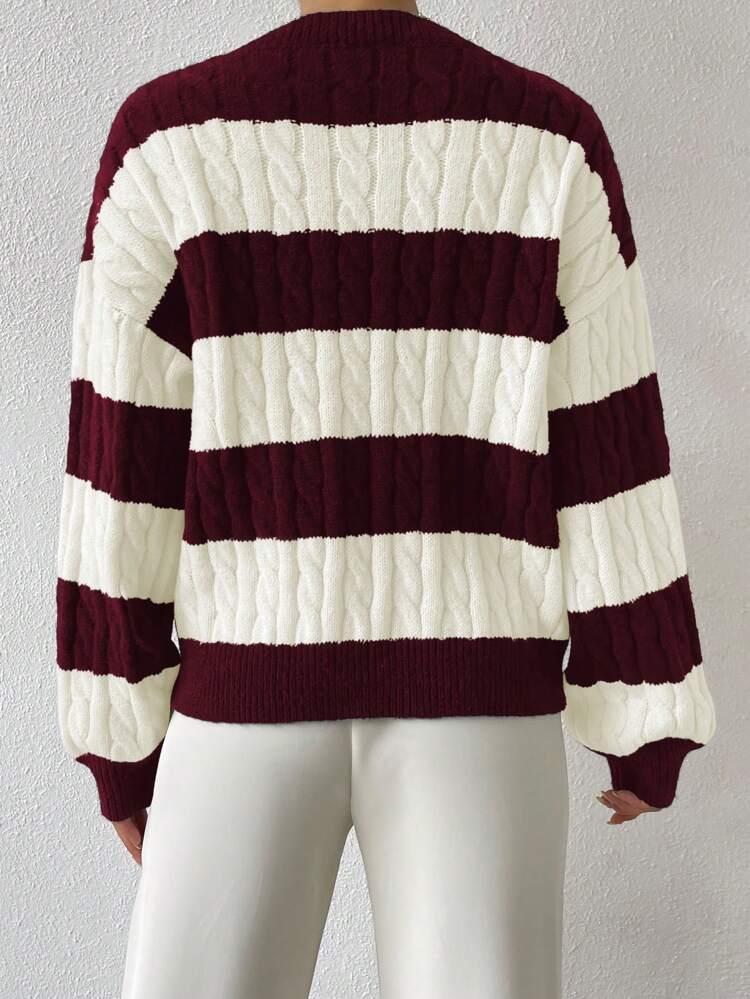 Two Tone Cable Knit Drop Shoulder Sweater,Long Sleeve Tops Knit Pullover Fall Winter Sweater