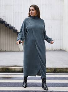 SHEIN Essnce Hơn Áo cao cổ Thả vai Váy Wrap Hem - Màu xanh bụi bặm - Xem 5