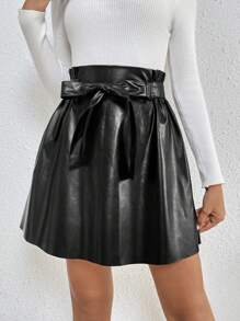 SHEIN Frenchy Nếp gấp cao eo Thắt lưng Da giả Váy - màu đen - Xem 6