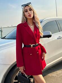 SHEIN Privé Cổ áo Đôi ngực Áo vest - Đỏ - Xem 4