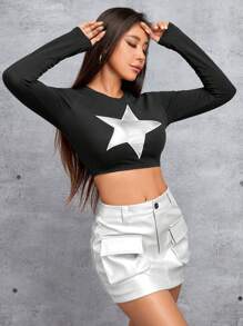 SHEIN PETITE Ladies' Long Sleeve Cropped T-shirt With Star Print - Black - View 5