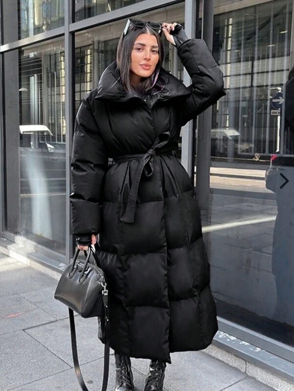 RueChic Palton puf solid cu centură
