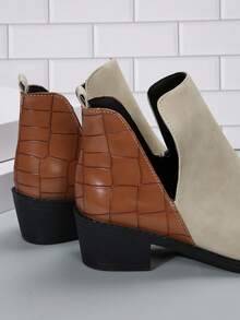 Autumn Multicolor Block Heel V-cut Pointed Toe Ankle Boots For Women - White - View 4