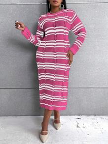 Celure Plus Striped Pattern Sweater Dress - Hot Pink - View 1