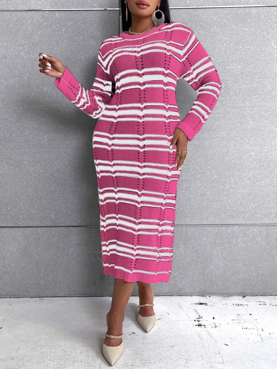 Celure Plus Striped Pattern Sweater Dress - Hot Pink - View 1