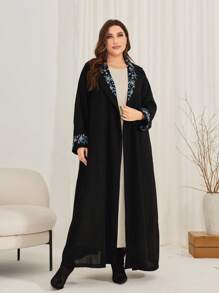 Al Najma Abrigo Con Solapa Y Bordado De Flores De Talla Grande (cinturón No Incluido) - Negro - Ver 6