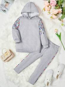 SHEIN Mädchen Kapuzenpullover Mit Kontrastierenden Ärmeln & Leggings