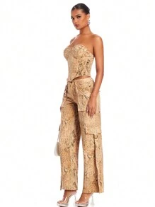 SHEIN BAE Pantalones De Carga Con Bolsillo Lateral Y Estampado De Piel De Serpiente - Multicolor - Ver 6