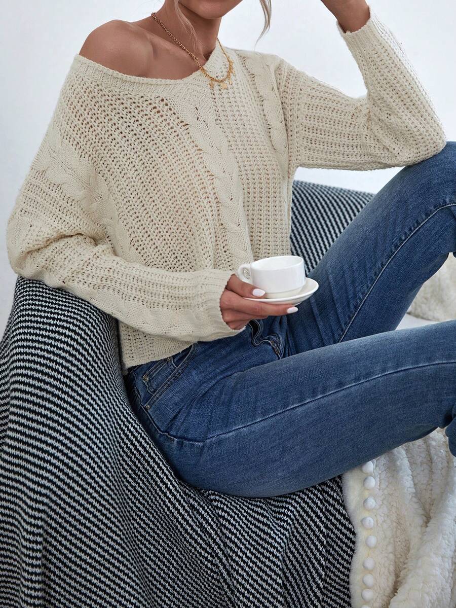 SHEIN Frenchy 女士休閒寬鬆下垂肩毛衣 - 杏色 - 查看 1