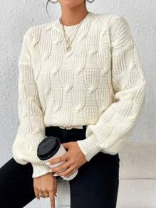 SHEIN Frenchy 紋理質感針織落肩袖套頭毛衣 - 米色 - 查看 5