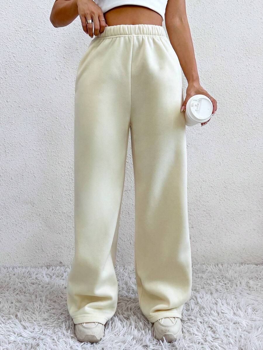 SHEIN Unity Pantalones Anchos Largos Con Piernas Anchas En Color Liso Para Cuerpo - Beis - Ver 1