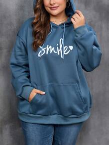 SHEIN LUNE Plus Size Letter Graphic Pocket Drop Shoulder Drawstring Sweatshirt Fall Cloth For Women Winter Autumn - Dusty Blue - View 4