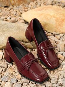 Women's Pointed Toe Chunky Heel Loafers - Burgundy - View 4
