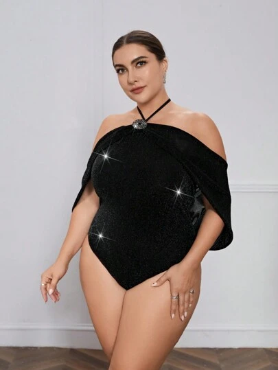 RAUL OROZCO Designer Plus Rhinestone Detail Halter Neck Backless Bodysuit, For Summer, Holiday, Festival