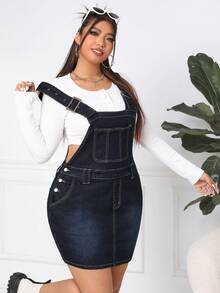 SHEIN EZwear Vestido Vaquero De Talla Grande Para Mujer Con Detalles De Bolsillo Y Botones - Azul - Ver 5