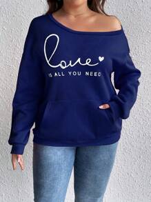 Calvaya Hơn Đồ họa trái tim & khẩu hiệu Túi kangaroo Thả vai Áo nỉ - Xanh đậm - Xem 3