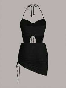 SHEIN ICON Dây rút Viền không đối xứng Áo Crop Halter & Váy bodycon - màu đen - Xem 7