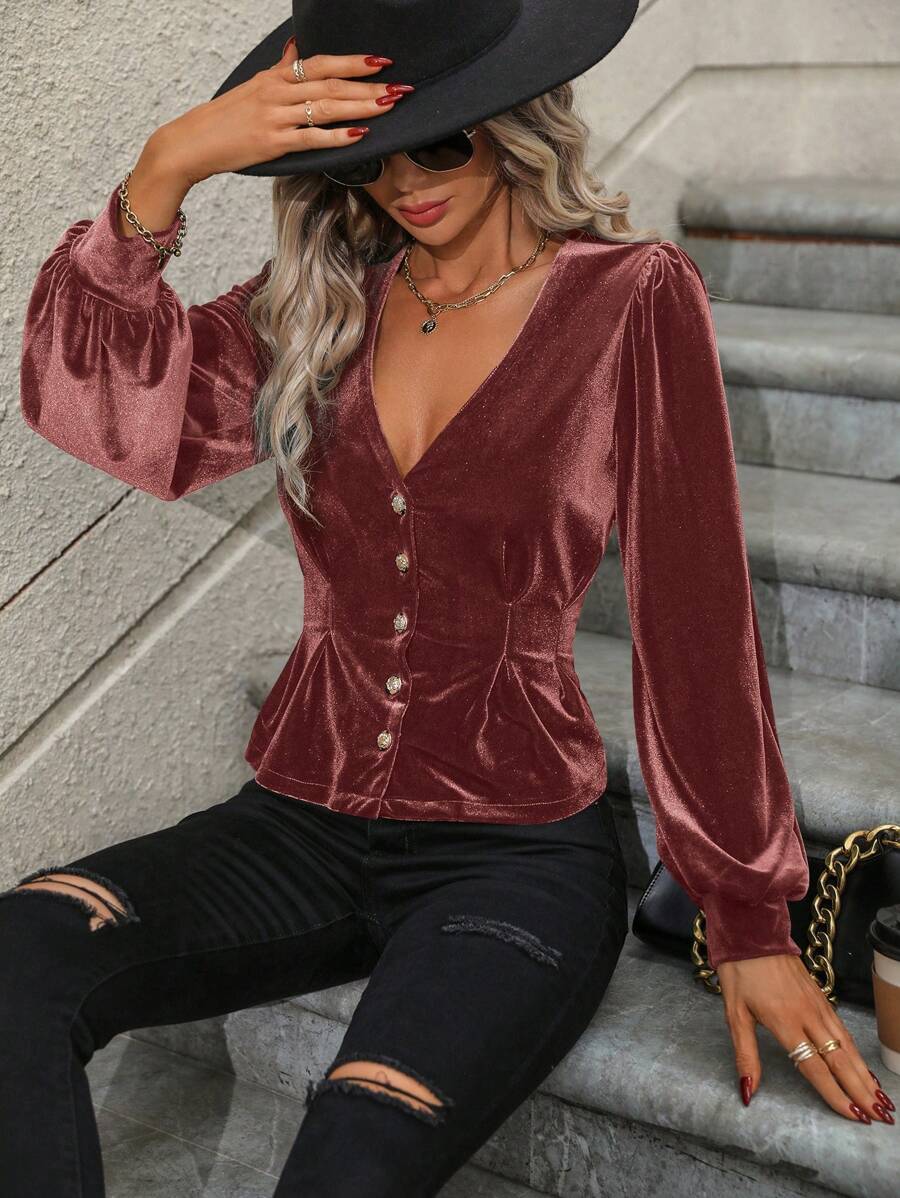 SHEIN Clasi 深v領開襟壓褶束腰絲絨面料襯衫 - 藕粉色 - 查看 1