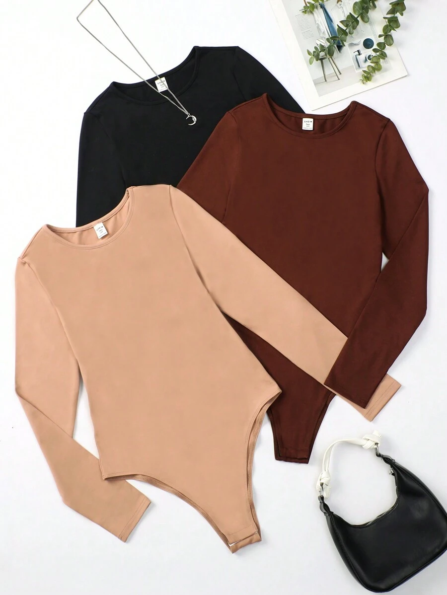 SHEIN 女青少年針織純色圓領長袖連身衣三件套