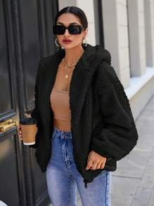 RueChic 女士純色毛絨帽兜夾克 - 黑色 - 查看 3
