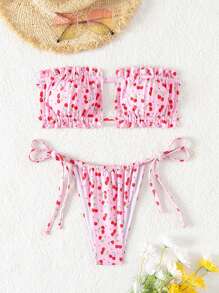Swim Mod Random Cherry Printed Bikini Set With Ruffled Trim, Knot Detail And Adjustable Side Ties - Multicolor - View 3