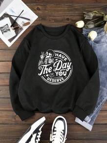 Của phụ nữ Kích thước lớn Sọ Slogan In Lông cừu Áo nỉ - màu đen - Xem 1