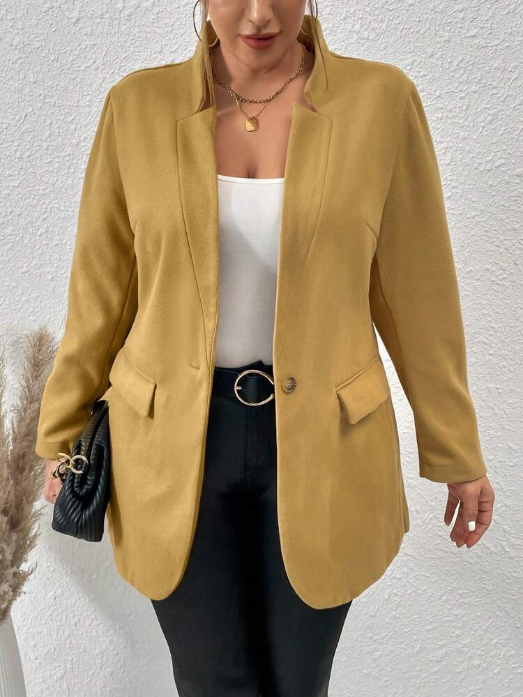 Plus Size Women Solid Color Long Sleeve Long Casual Woolen Coat, Autumn/Winter Fall Cloth For Women