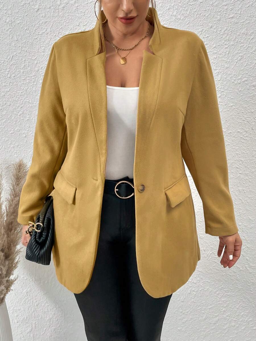 Flirla Plus Size Women Solid Color Long Sleeve Long Casual Woolen Coat, Autumn/Winter Fall Cloth For Women