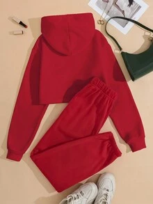 SHEIN EZwear 字母印花抽繩連帽衫和運動褲兩件套 - 紅色 - 查看 2