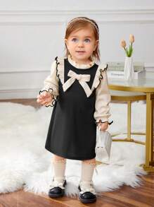 SHEIN Đứa bé gái Hai âm Nơ mặt trước Viền Ruffle tay áo lá sen Đầm - màu đen - Xem 1