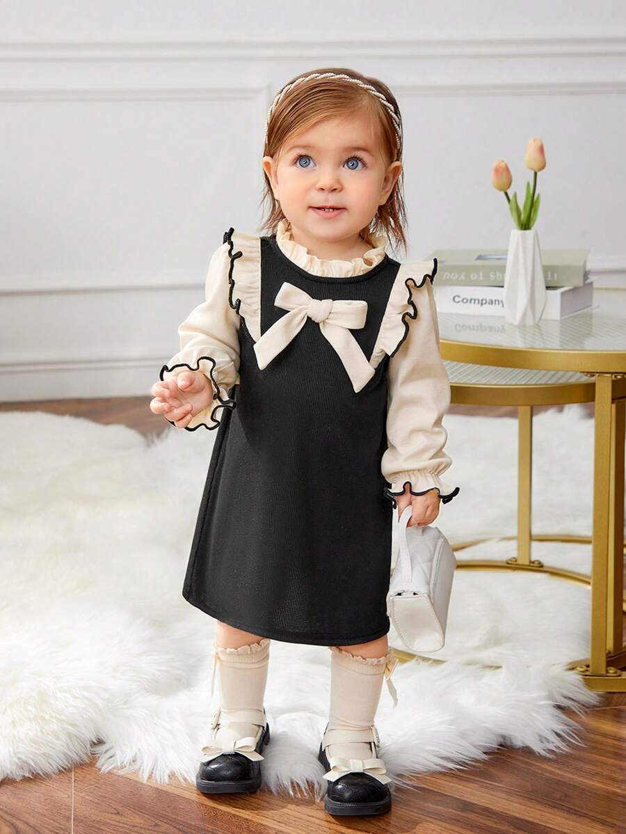 SHEIN 女嬰甜美風格的木耳邊蝴蝶結長袖拼色連衣裙 - 黑色 - 查看 1