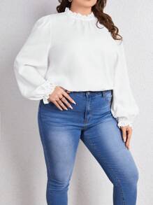 SHEIN Privé Plus Frill Trim Mock Neck Flare Sleeve Blouse - White - View 3