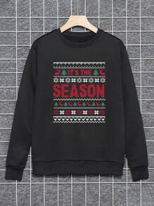 Men Christmas Season Letter Graphic Sweatshirt, Absorbs Sweat - Black - View 6