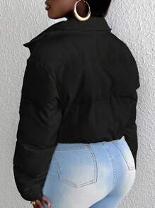 Slaydiva Solid Color Zipper Padded Coat - Black - View 2