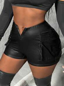 Slaydiva Women's PU Leather Shorts - Black - View 7