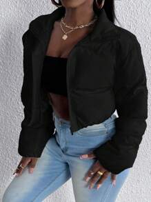 Slaydiva Solid Color Zipper Padded Coat - Black - View 5
