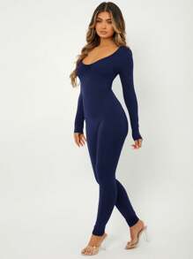 SHEIN SXY Solid Scoop Neck Unitard Jumpsuit - Navy Blue - View 4