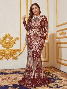 Kích thước lớn Hoa Kim sa Mẫu Chính thức Váy nàng tiên cá - Đỏ - Xem 3